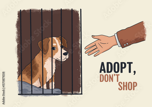 "Adopt, Don't Shop" concept with a hand reaching for a shelter dog.