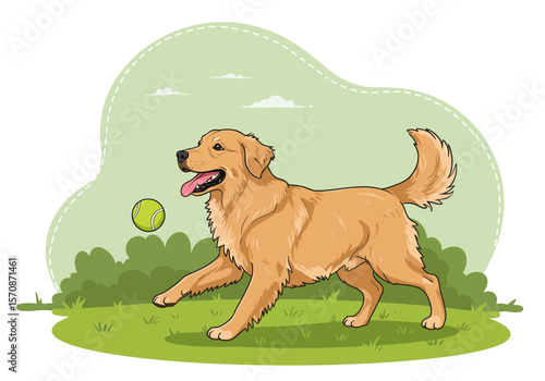 A Golden Retriever dogs playing fetch with a ball in a park.