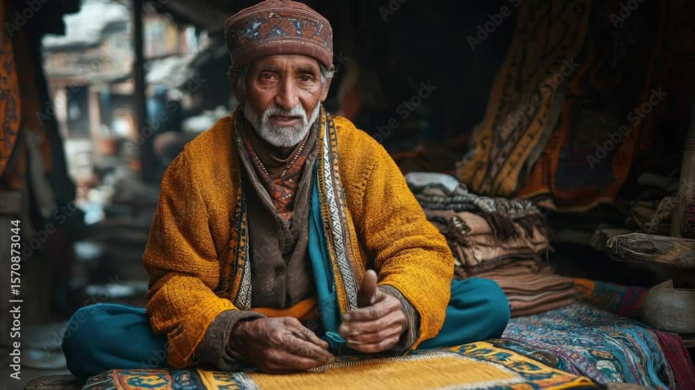 Elderly man sits cross-legged, hands clasped, in a dimly lit shop Elderly man sits cross-legged, hands clasped, in a dimly lit shop