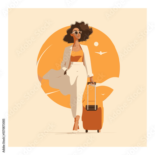 Stylish Woman Walking with Luggage in Elegant Vector Cartoon Illustration
