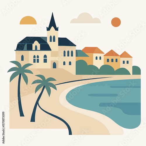 Seaside Castle With Palm Trees At Sunset