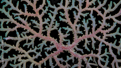 Intricate Fan Coral Against a Black Backdrop Showcasing Delicate Branching Structure and Soft Hues Creating a Captivating Aquatic Scene