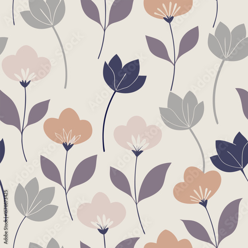 Beautiful seamless minimal floral pattern design featuring stylized flowers and leaves in various neutral muted colors