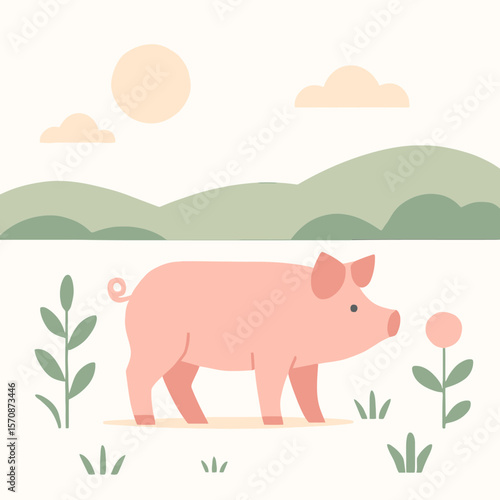 Cartoon Pig Walking In Pasture At Sunrise