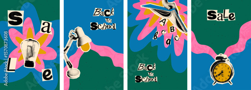 Back to school sale vertical banner templates set. Halftone collage paper cut outs, education concept, light bulb, alarm clock, book, hand drawn doodles. Modern retro mixed media vector illustration