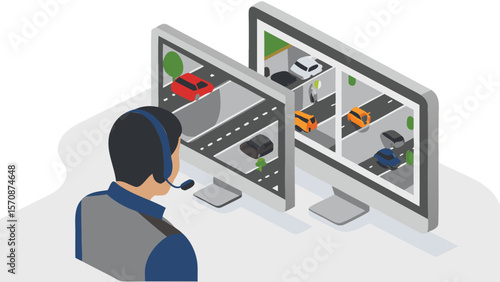 Operator monitoring traffic flow on dual screens with multiple vehicles on the road network view