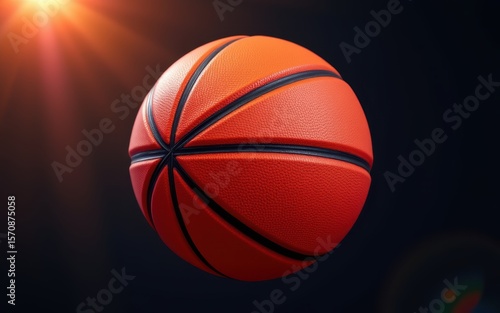 Basketball in mid-air with a dark background and light flare.