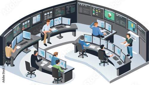 Illustration of a busy control room with multiple operators and computer monitors in a curved layout