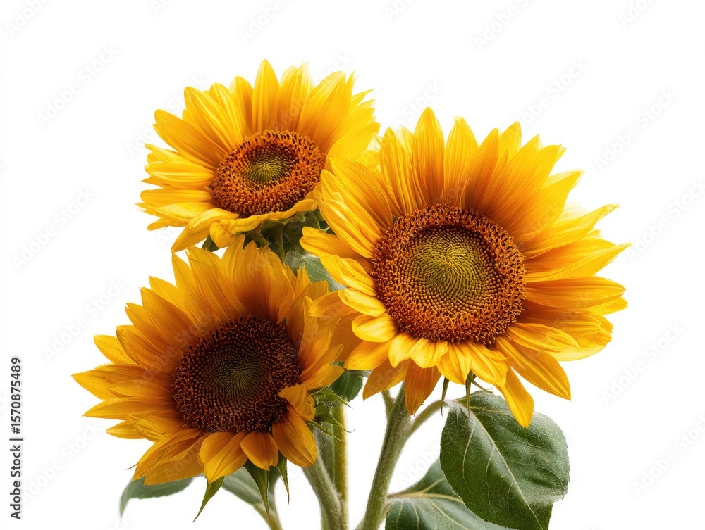 Obraz premium Three vibrant sunflowers, golden yellow petals surrounding dark brown centers, with green leaves, isolated on a white background