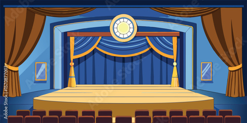 Empty auditorium stage with blue curtains and seats