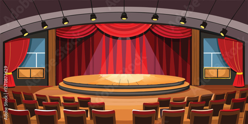 Empty auditorium stage with red curtains and spotlights