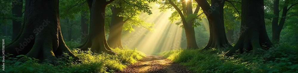 Obraz premium Magical Sun-Dappled Forest Path Serene Wilderness Trail Winding Through Ancient Trees
