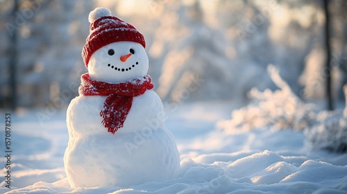 Cute snowman with red scarf in snowy outdoor winter landscape