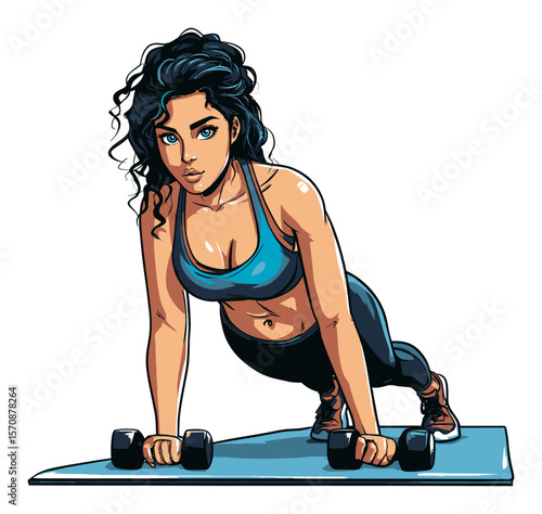 Young Woman Strength Training with Dumbbells in Fitness Workout Illustration