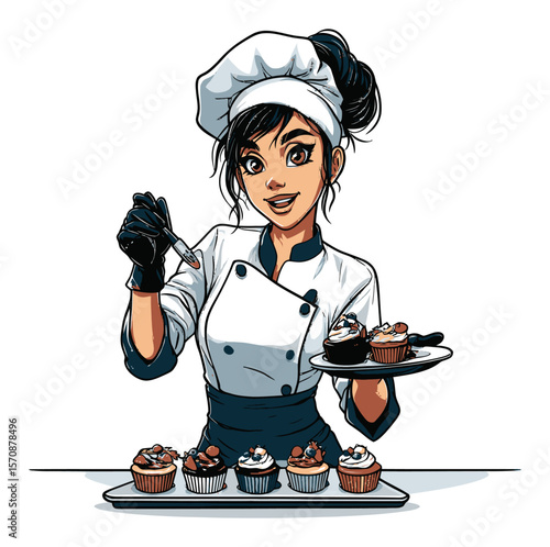 Charming Bakery Chef with Cupcakes in a Colorful Vector Style Art