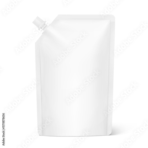 Realistic stand pouch bag with corner spout mockup. Vector illustration isolated on white background. Front view. Can be use for template your design, presentation, promo, ad. EPS10.