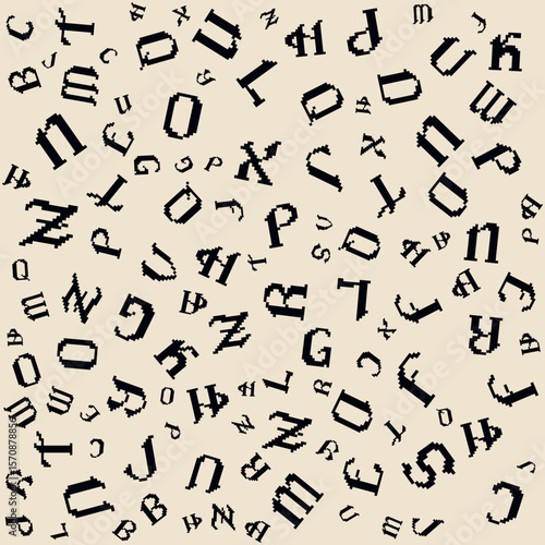 Seamless pattern of black gothic pixel letters scattered chaotically on a pastel beige background. Perfect for retro and decorative designs. Pixel art vector.