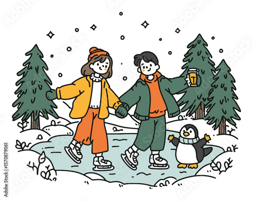 Joyful Ice Skating Scene with Children, Penguin and Pine Trees