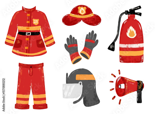Cute set red hand drawn fireman firefighter suit jacket uniform safety worker element doodle kids cartoon illustration crayon watercolor vector clipart cutout