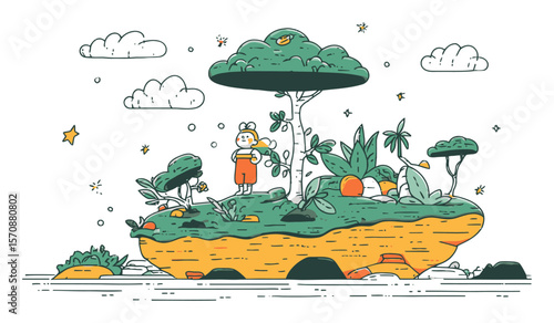 Charming Vector Illustration of Child with Plants on Floating Island