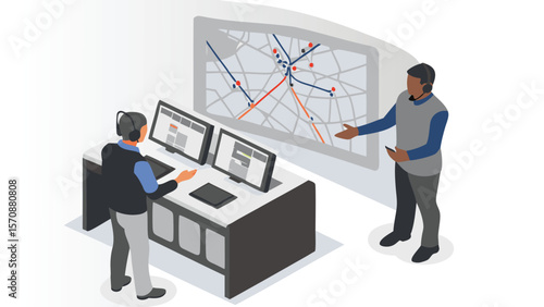 Two operators monitoring a subway map on a screen with computers in a control center setting shown
