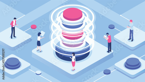 Isometric illustration of people standing on speedometers with a clock and bar graph nearby