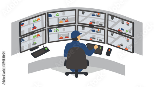 Man in control room monitoring multiple screens displaying various scenes and objects in the facility
