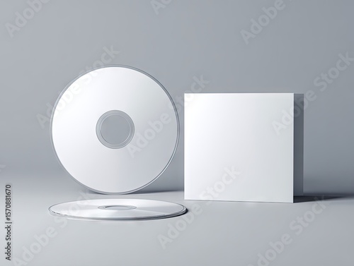 Two blank white CDs and a square case rest on a light gray surface, one disc upright and the other lying down, showcasing a clean, minimalist design