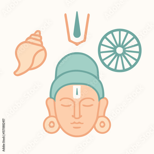 Buddhist Symbols With Conch Shell And Dharma Wheel
