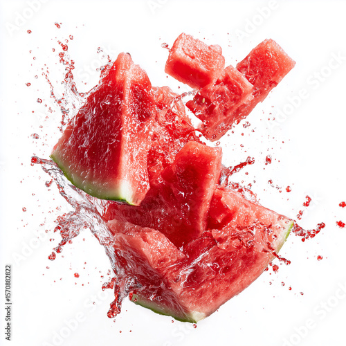 Juicy watermelon chunks smashing and spraying red juice everywhere
