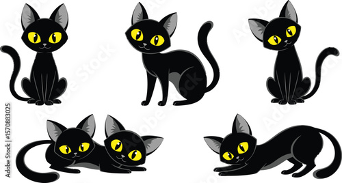 Collection of cute cartoon black cats with bright yellow eyes in various poses