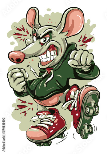 Angry Cartoon Mouse Character in Sports Clothes on Roller Skates