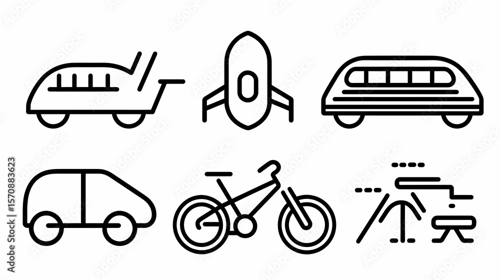 Naklejka premium Simple line art icons of various transportation modes, including a trailer, rocket, train, car, bicycle, and other vehicles. Possible use for website icons, apps, or educational materials