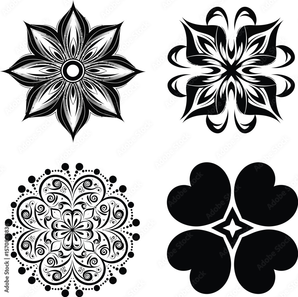 Obraz premium Collection of four black and white decorative floral and heart designs on a white background