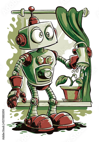 Whimsical Cartoon Robot Watering a Plant in a Cozy Indoor Setting