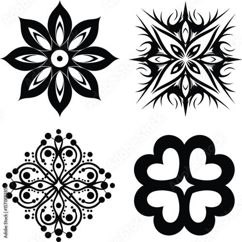 Collection of four distinct black ornamental designs on white background