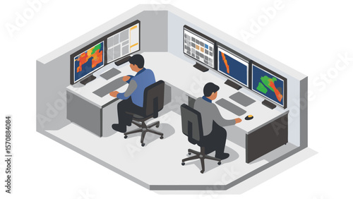 Isometric view of two workers at desks with multiple monitors in a control room setting shown here