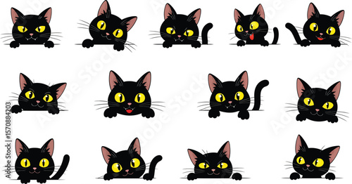Collection of cute black cats with yellow eyes peeking over a surface