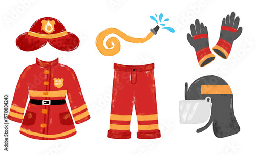 Cute collection set red hand drawn fireman firefighter suit jacket uniform safety worker element doodle kids cartoon illustration crayon watercolour vector clipart