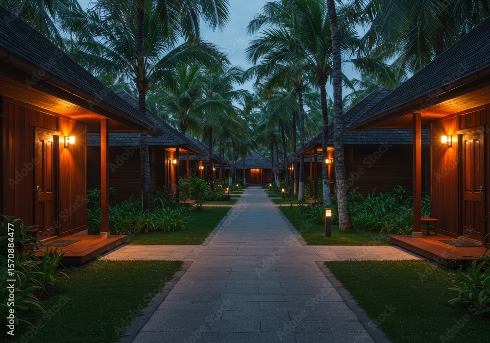 Obraz premium Serene Evening at a Tropical Resort Pathway to Paradise