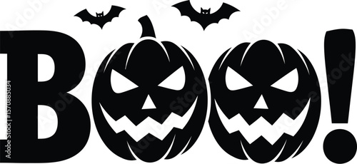 Spooky halloween boo text with jack o lanterns and bats