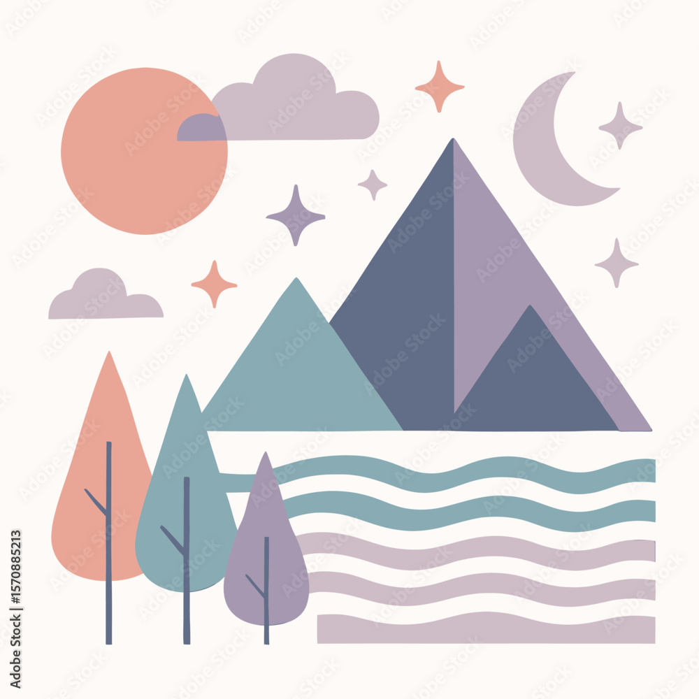 Pastel Mountains With River And Trees Pastel Mountains With River And Trees