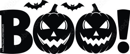 Spooky halloween boo text with jack o lantern pumpkins and flying bats