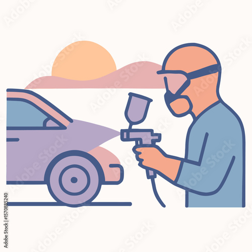 Auto Body Painter Spraying Car Outdoors