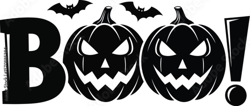 Scary halloween boo text with jack o lantern pumpkins and bats