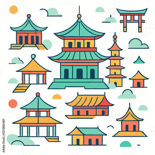Colorful Traditional Asian Pagodas And Temples Collection