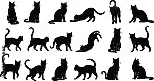 Collection of black cat silhouettes in various poses on a white background