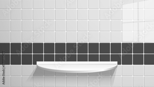 Modern bathroom interior design with Empty white shelf and white tile black accent stripe