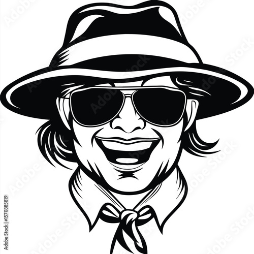 A happy man wearing sunglasses and a hat smiles with an open mouth in black and white