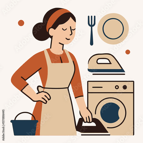 Woman Doing Housework Routine With Laundry And Iron